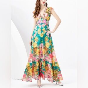 Dalia MacPhee Floral Maxi Dress Size Large Deep V Neck